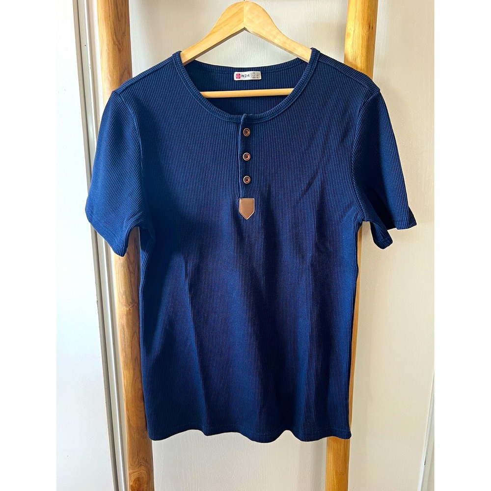 H2H Men's L Blue Waffle Knit Short Sleeve Henley Button T-Shirt